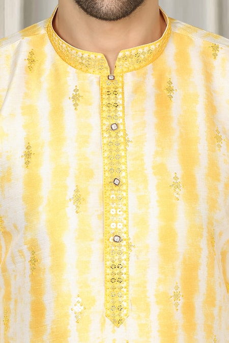 Shop Aham-Vayam Yellow Cotton Embroidery Prajwal Tie Dye Kurta And Pant Set Shop_Aham-Vayam_Yellow Cotton Embroidery Prajwal Tie Dye Kurta And Pant Set