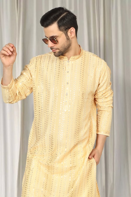 Buy Aham-Vayam Yellow Cotton Sequins, Embroidery Harshollas Kurta And Pant Set Buy_Aham-Vayam_Yellow Cotton Sequins, Embroidery Harshollas Kurta And Pant Set