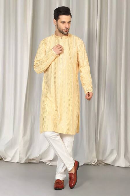 Shop Aham-Vayam Yellow Cotton Sequins, Embroidery Harshollas Kurta And Pant Set Shop_Aham-Vayam_Yellow Cotton Sequins, Embroidery Harshollas Kurta And Pant Set