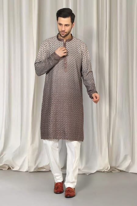 Aham-Vayam_Brown Cotton Embroidery Ombre Kurta And Pant Set _Online_at_Aza_Fashions