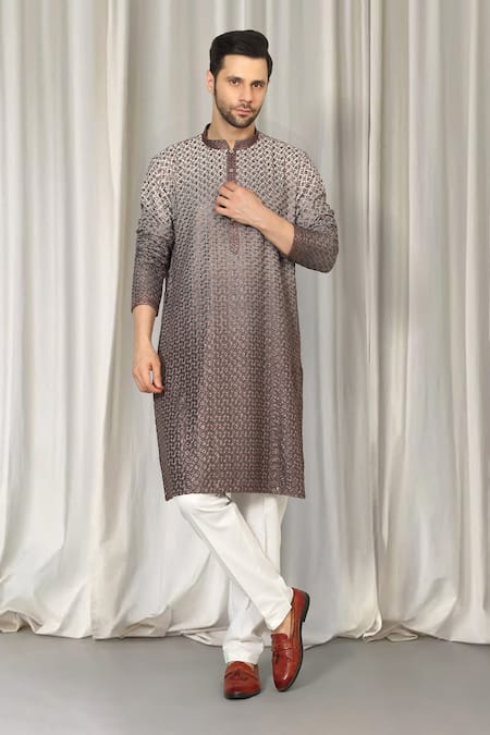 Buy_Aham-Vayam_Brown Cotton Embroidery Ombre Kurta And Pant Set _Online_at_Aza_Fashions