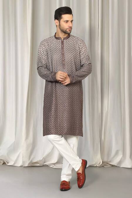 Shop_Aham-Vayam_Brown Cotton Embroidery Ombre Kurta And Pant Set _Online_at_Aza_Fashions