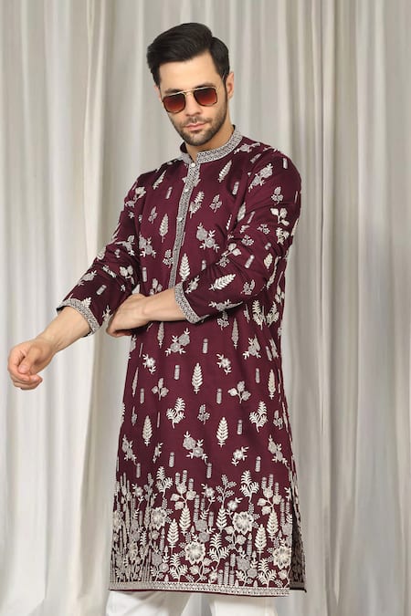 Aham-Vayam Maroon Cotton Embroidery, Metallic Thread Upwan Kurta And Pant Set Online at Aza Fashions Aham-Vayam_Maroon Cotton Embroidery, Metallic Thread Upwan Kurta And Pant Set _Online_at_Aza_Fashions
