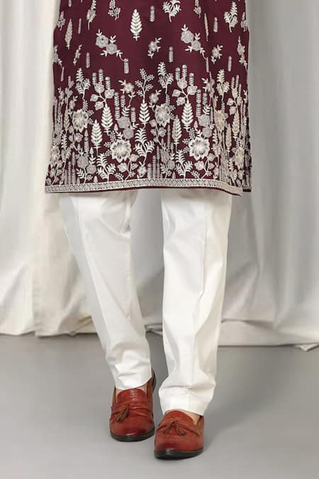 Buy Aham-Vayam Maroon Cotton Embroidery, Metallic Thread Upwan Kurta And Pant Set Online at Aza Fashions Buy_Aham-Vayam_Maroon Cotton Embroidery, Metallic Thread Upwan Kurta And Pant Set _Online_at_Aza_Fashions