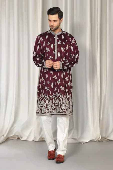 Shop Aham-Vayam Maroon Cotton Embroidery, Metallic Thread Upwan Kurta And Pant Set Online at Aza Fashions Shop_Aham-Vayam_Maroon Cotton Embroidery, Metallic Thread Upwan Kurta And Pant Set _Online_at_Aza_Fashions