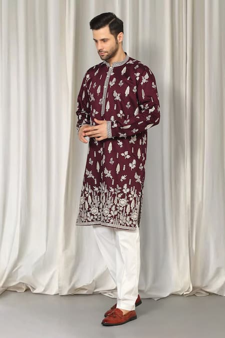 Aham-Vayam Maroon Cotton Embroidery, Metallic Thread Upwan Kurta And Pant Set at Aza Fashions Aham-Vayam_Maroon Cotton Embroidery, Metallic Thread Upwan Kurta And Pant Set _at_Aza_Fashions