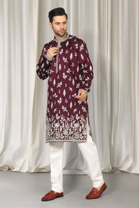 Buy Aham-Vayam Maroon Cotton Embroidery, Metallic Thread Upwan Kurta And Pant Set Buy_Aham-Vayam_Maroon Cotton Embroidery, Metallic Thread Upwan Kurta And Pant Set