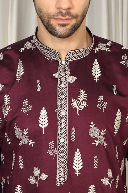 Shop Aham-Vayam Maroon Cotton Embroidery, Metallic Thread Upwan Kurta And Pant Set Shop_Aham-Vayam_Maroon Cotton Embroidery, Metallic Thread Upwan Kurta And Pant Set