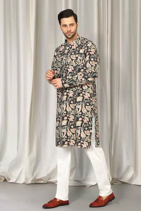 Aham-Vayam_Black Cotton Embroidery Phool Bahaar Kurta And Pant Set _Online_at_Aza_Fashions
