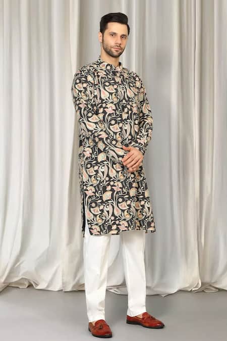 Buy_Aham-Vayam_Black Cotton Embroidery Phool Bahaar Kurta And Pant Set _Online_at_Aza_Fashions
