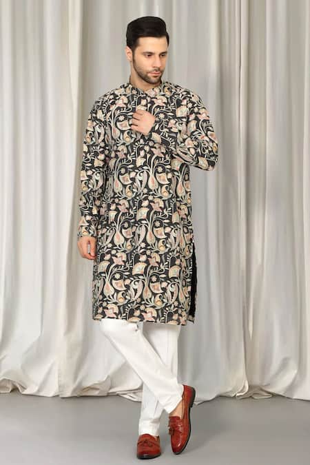 Buy_Aham-Vayam_Black Cotton Embroidery Phool Bahaar Kurta And Pant Set 
