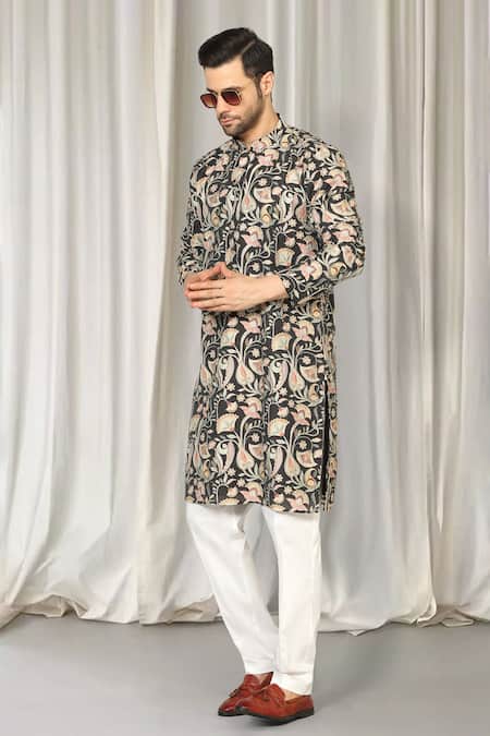 Shop_Aham-Vayam_Black Cotton Embroidery Phool Bahaar Kurta And Pant Set 