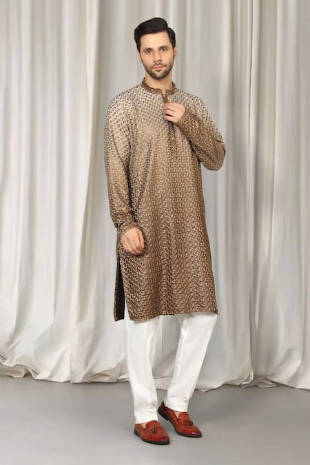 Shop Aham-Vayam Brown Cotton Embroidery Ombre Kurta And Pant Set Online at Aza Fashions Shop_Aham-Vayam_Brown Cotton Embroidery Ombre Kurta And Pant Set _Online_at_Aza_Fashions