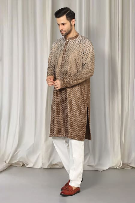 Aham-Vayam Brown Cotton Embroidery Ombre Kurta And Pant Set at Aza Fashions Aham-Vayam_Brown Cotton Embroidery Ombre Kurta And Pant Set _at_Aza_Fashions