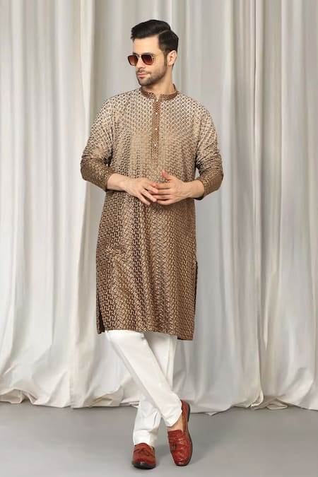 Shop Aham-Vayam Brown Cotton Embroidery Ombre Kurta And Pant Set Shop_Aham-Vayam_Brown Cotton Embroidery Ombre Kurta And Pant Set