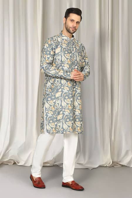 Aham-Vayam_Gray Cotton Embroidery Phool Print Kurta And Pant Set _Online_at_Aza_Fashions