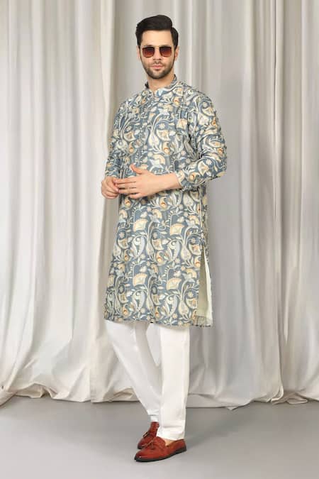 Buy_Aham-Vayam_Gray Cotton Embroidery Phool Print Kurta And Pant Set _Online_at_Aza_Fashions