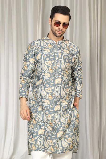 Aham-Vayam_Gray Cotton Embroidery Phool Print Kurta And Pant Set _at_Aza_Fashions