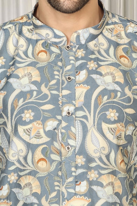 Buy_Aham-Vayam_Gray Cotton Embroidery Phool Print Kurta And Pant Set 