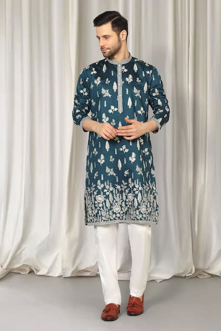 Aham-Vayam_Teal Cotton Embroidery Upwan Kurta And Pant Set _Online_at_Aza_Fashions