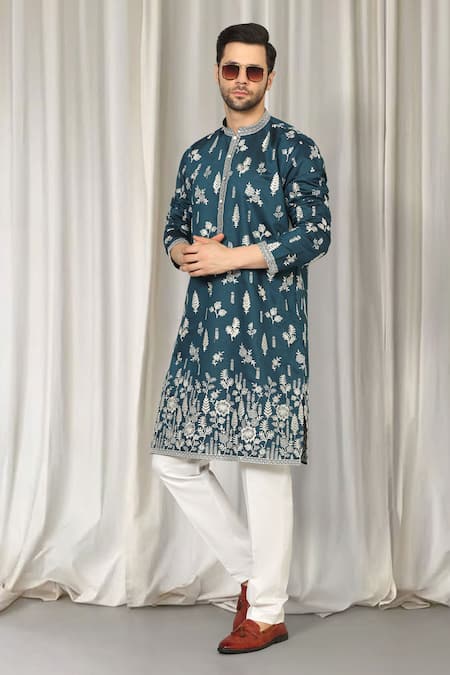 Buy_Aham-Vayam_Teal Cotton Embroidery Upwan Kurta And Pant Set _Online_at_Aza_Fashions