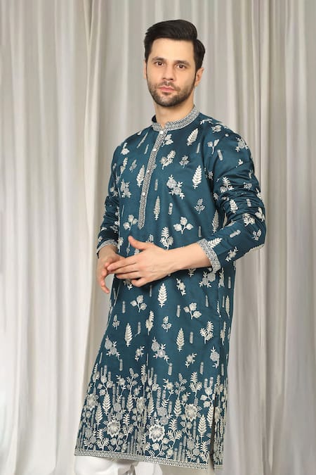 Shop_Aham-Vayam_Teal Cotton Embroidery Upwan Kurta And Pant Set _Online_at_Aza_Fashions