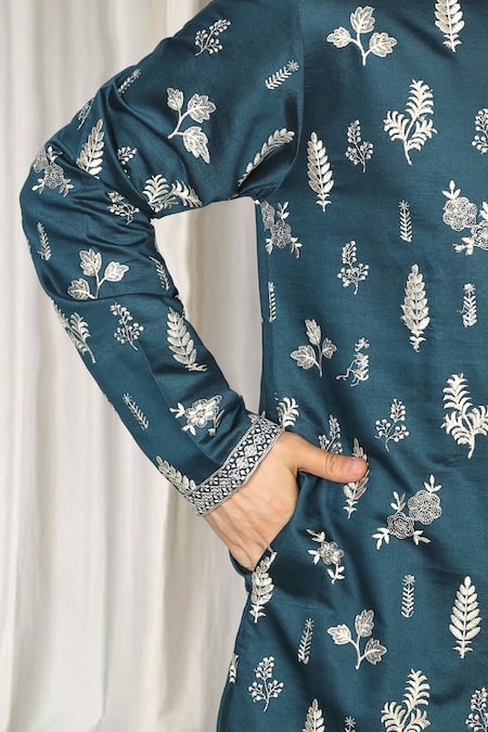 Aham-Vayam_Teal Cotton Embroidery Upwan Kurta And Pant Set _at_Aza_Fashions