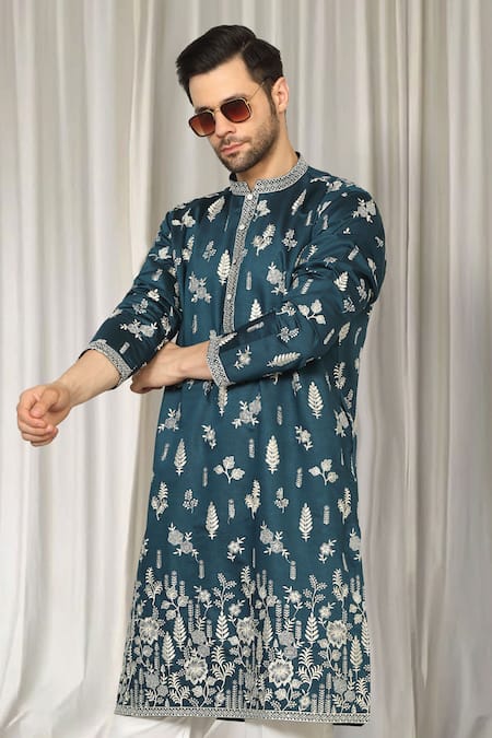 Buy_Aham-Vayam_Teal Cotton Embroidery Upwan Kurta And Pant Set 