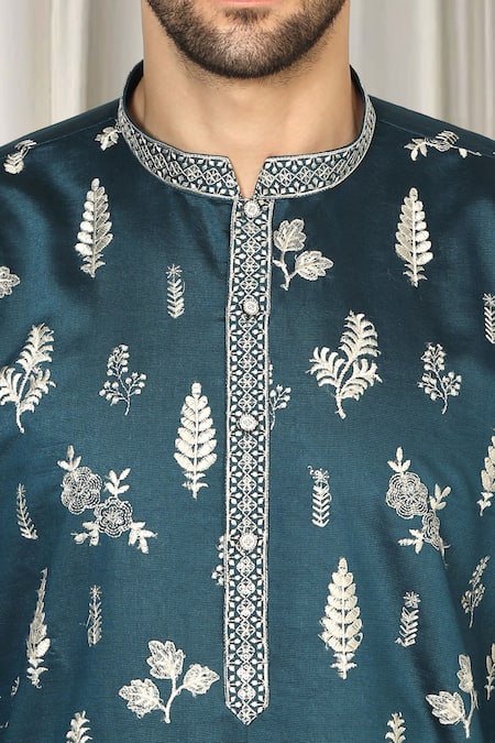 Shop_Aham-Vayam_Teal Cotton Embroidery Upwan Kurta And Pant Set 