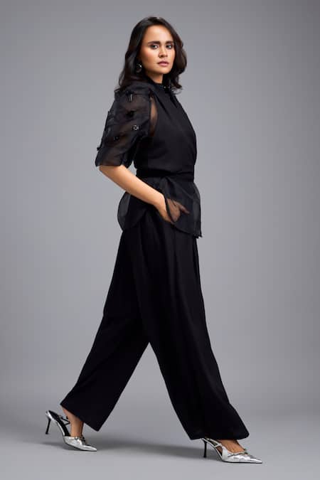 Deepika Arora_Black Linen Fabric Flowers V-neck, Collared Wrap Around Top And Pant Set _Online_at_Aza_Fashions