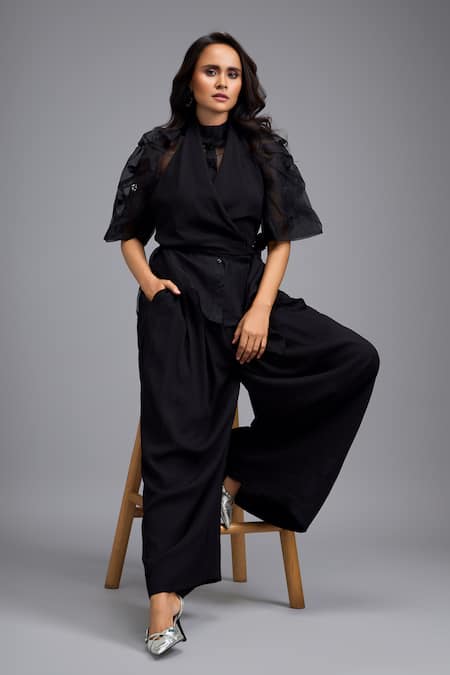 Buy_Deepika Arora_Black Linen Fabric Flowers V-neck, Collared Wrap Around Top And Pant Set _Online_at_Aza_Fashions