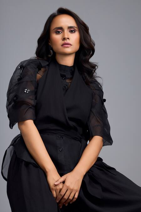 Shop_Deepika Arora_Black Linen Fabric Flowers V-neck, Collared Wrap Around Top And Pant Set _Online_at_Aza_Fashions