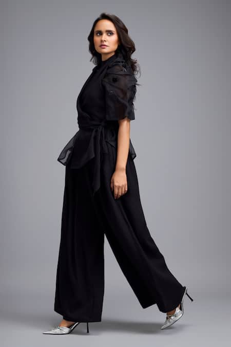 Deepika Arora_Black Linen Fabric Flowers V-neck, Collared Wrap Around Top And Pant Set _at_Aza_Fashions