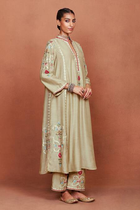 Buy_Sue Mue_Beige Silk, Cotton, Tissue Embroidery, Sequins, Beads, Zari Amu Kurta Set 