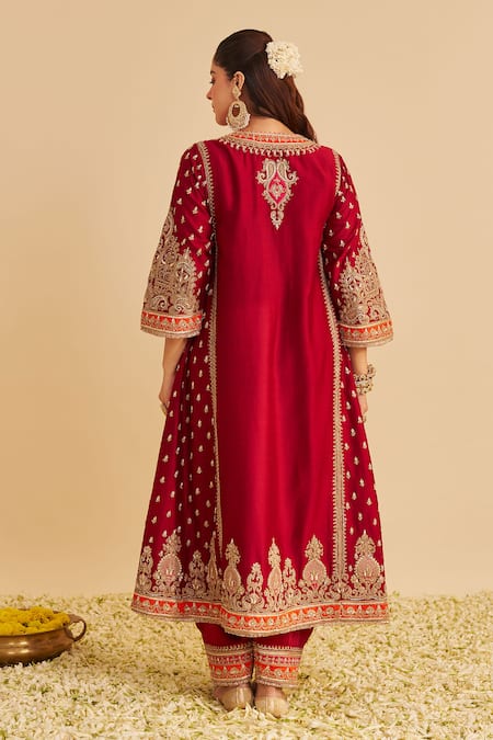 Shop_Sheetal Batra_Red Chanderi , Bemberg, Organza Embroidery, Zoya Chauga Kurta Set _at_Aza_Fashions