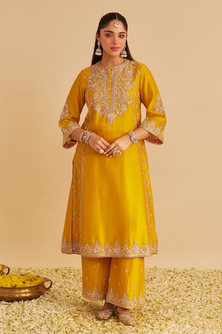 Sheetal Batra Mustard Chanderi , Organza Embroidery, Anaiza Chauga Kurta Palazzo Set Online at Aza Fashions Sheetal Batra_Mustard Chanderi , Organza Embroidery, Anaiza Chauga Kurta Palazzo Set _Online_at_Aza_Fashions