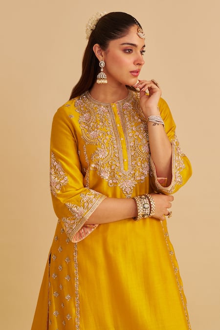 Buy Sheetal Batra Mustard Chanderi , Organza Embroidery, Anaiza Chauga Kurta Palazzo Set Online at Aza Fashions Buy_Sheetal Batra_Mustard Chanderi , Organza Embroidery, Anaiza Chauga Kurta Palazzo Set _Online_at_Aza_Fashions