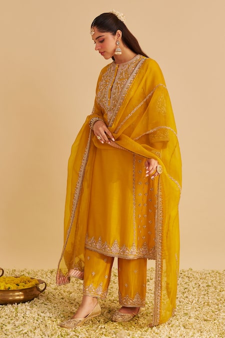 Shop Sheetal Batra Mustard Chanderi , Organza Embroidery, Anaiza Chauga Kurta Palazzo Set Online at Aza Fashions Shop_Sheetal Batra_Mustard Chanderi , Organza Embroidery, Anaiza Chauga Kurta Palazzo Set _Online_at_Aza_Fashions