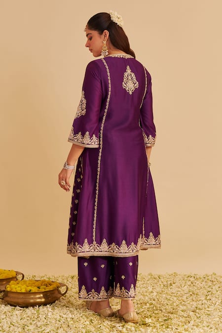 Shop_Sheetal Batra_Purple Chanderi , Organza Embroidery, Zari, Anaiza Kurta Palazzo Set _at_Aza_Fashions
