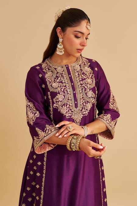 Buy_Sheetal Batra_Purple Chanderi , Organza Embroidery, Zari, Anaiza Kurta Palazzo Set _Online_at_Aza_Fashions