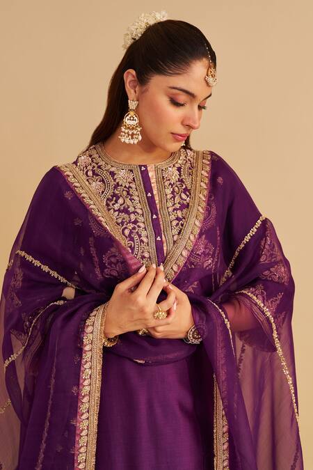 Shop_Sheetal Batra_Purple Chanderi , Organza Embroidery, Zari, Anaiza Kurta Palazzo Set _Online_at_Aza_Fashions