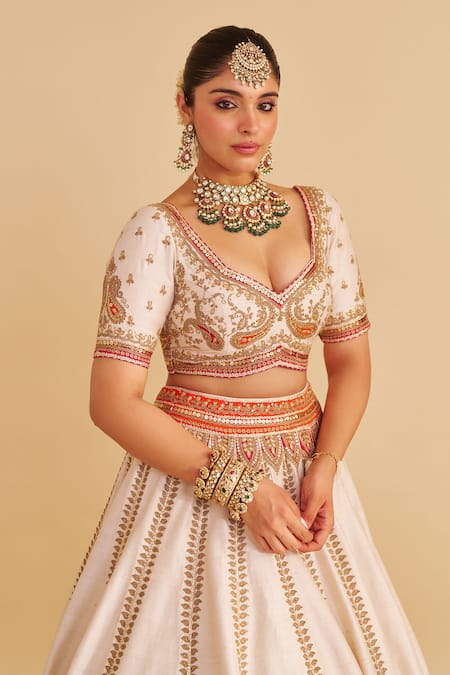 Sheetal Batra_Ivory , Organza Zari, Embroidery, Sequins Amara Paisley Lehenga Set _at_Aza_Fashions