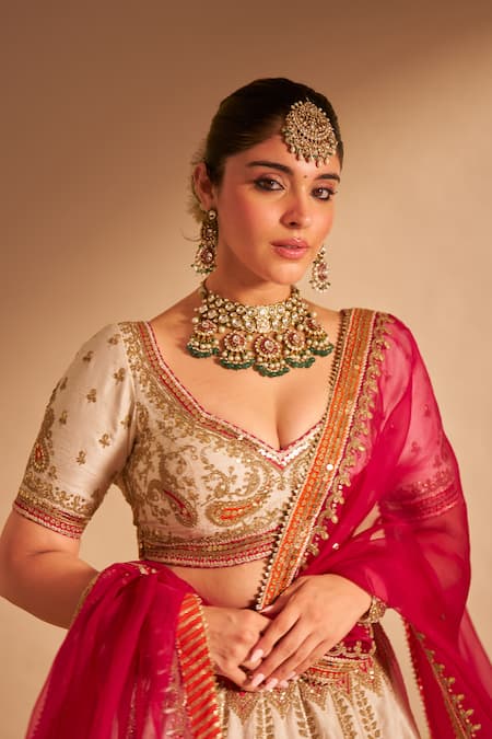Shop_Sheetal Batra_Ivory , Organza Zari, Embroidery, Sequins Amara Paisley Lehenga Set 