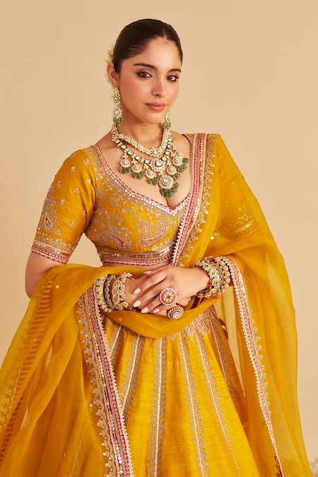 Sheetal Batra_Mustard , Organza Embroidery, Sequins, Zari Amara Paisley Lehenga Set _Online_at_Aza_Fashions