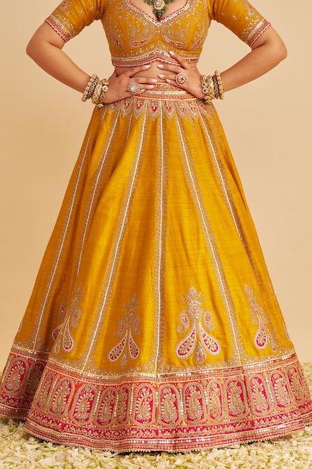 Buy_Sheetal Batra_Mustard , Organza Embroidery, Sequins, Zari Amara Paisley Lehenga Set _Online_at_Aza_Fashions