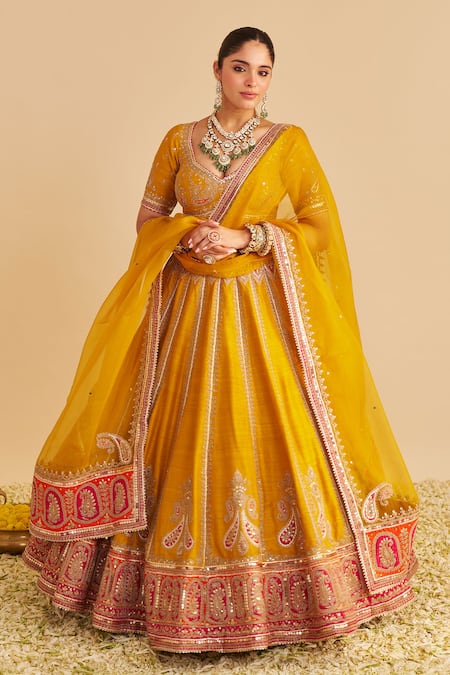 Shop_Sheetal Batra_Mustard , Organza Embroidery, Sequins, Zari Amara Paisley Lehenga Set _Online_at_Aza_Fashions