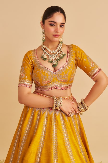 Sheetal Batra_Mustard , Organza Embroidery, Sequins, Zari Amara Paisley Lehenga Set _at_Aza_Fashions