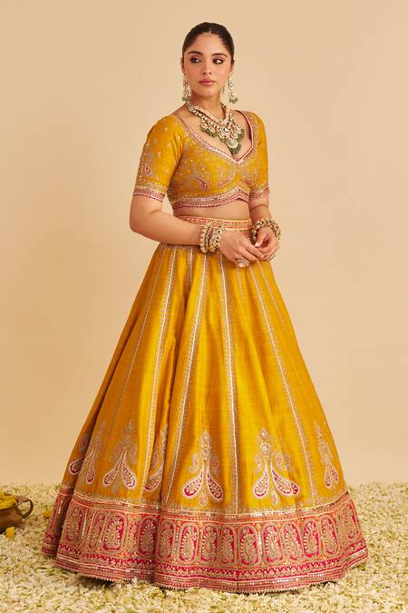 Buy_Sheetal Batra_Mustard , Organza Embroidery, Sequins, Zari Amara Paisley Lehenga Set 