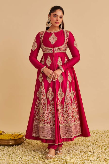 Buy_Sheetal Batra_Pink Chanderi , Organza Embroidery, Zainah Anarkali Jacket Set _Online_at_Aza_Fashions