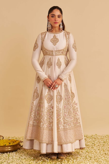 Shop Sheetal Batra Ivory Chanderi , Organza Embroidery, Zainah Anarkali Jacket Set Online at Aza Fashions Shop_Sheetal Batra_Ivory Chanderi , Organza Embroidery, Zainah Anarkali Jacket Set _Online_at_Aza_Fashions